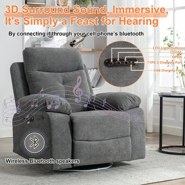 English Elm Power Recliner Glider Chair with Bluetooth Speaker, 270° Swivel, LED Light, USB & Type-C Ports, Storage Pockets, Button Controls W1203P173383