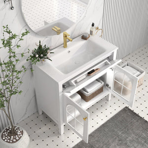English Elm 35.6" Freestanding Bathroom Vanity with Roman Column Base and Ceramic Integrated Sink White W1801S00001