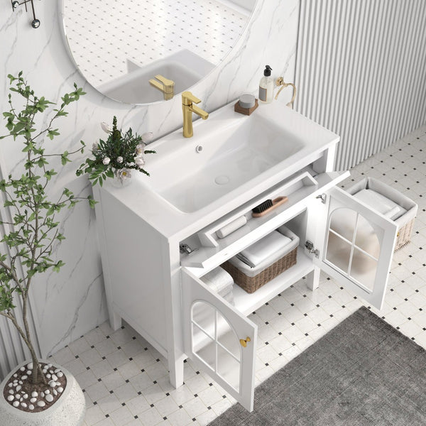 English Elm 35.6" Freestanding Bathroom Vanity with Roman Column Base and Ceramic Integrated Sink White W1801S00001