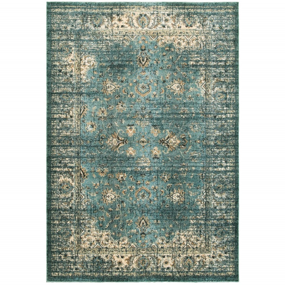 HomeRoots 10' Elegant Medallion Distressed Area Rug for Living Spaces - Durable, Stain-Resistant Design Blue/ Ivory 9'10" x 12'10" 388180
