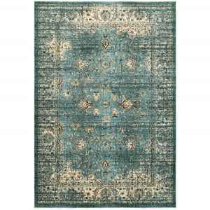 HomeRoots 10' Elegant Medallion Distressed Area Rug for Living Spaces - Durable, Stain-Resistant Design Blue/ Ivory 9'10" x 12'10" 388180