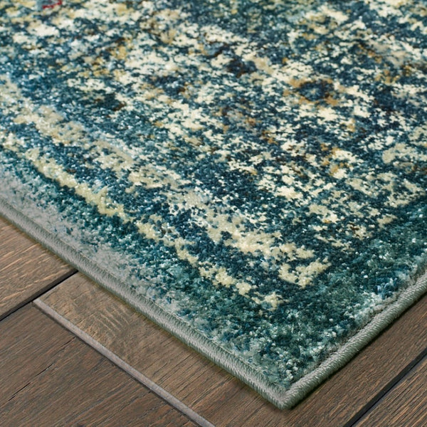 HomeRoots 10' Elegant Medallion Distressed Area Rug for Living Spaces - Durable, Stain-Resistant Design Blue/ Ivory 9'10" x 12'10" 388180