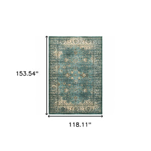 HomeRoots 10' Elegant Medallion Distressed Area Rug for Living Spaces - Durable, Stain-Resistant Design Blue/ Ivory 9'10" x 12'10" 388180