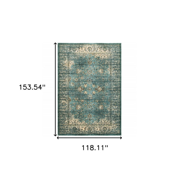 HomeRoots 10' Elegant Medallion Distressed Area Rug for Living Spaces - Durable, Stain-Resistant Design Blue/ Ivory 9'10" x 12'10" 388180