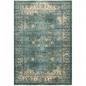 HomeRoots 10' Elegant Medallion Distressed Area Rug for Living Spaces - Durable, Stain-Resistant Design Blue/ Ivory 9'10" x 12'10" 388180