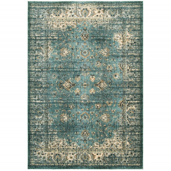 HomeRoots 10' Elegant Medallion Distressed Area Rug for Living Spaces - Durable, Stain-Resistant Design Blue/ Ivory 9'10" x 12'10" 388180