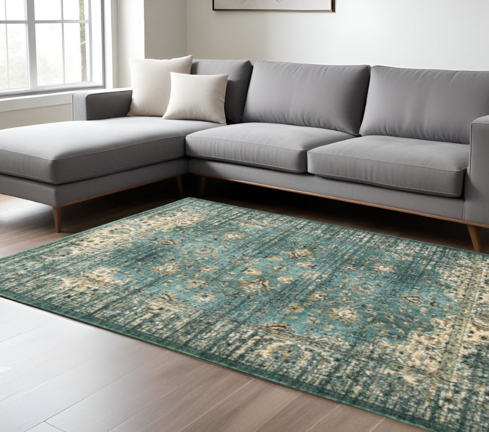 HomeRoots 10' Elegant Medallion Distressed Area Rug for Living Spaces - Durable, Stain-Resistant Design Blue/ Ivory 9'10" x 12'10" 388180