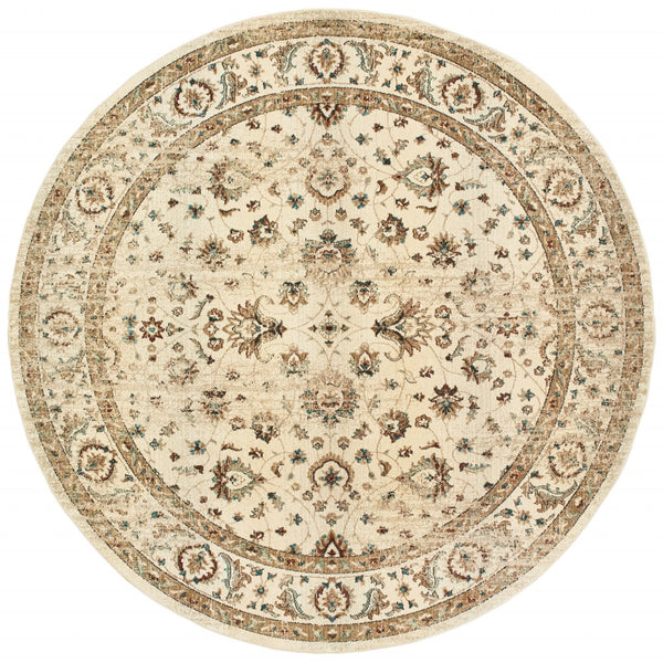 Homeroots 8’ Round Ivory And Gold Distressed Indoor Area Rug Ivory,Gold Polypropylene 388186