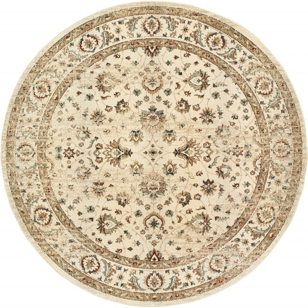 Homeroots 8’ Round Ivory And Gold Distressed Indoor Area Rug Ivory,Gold Polypropylene 388186