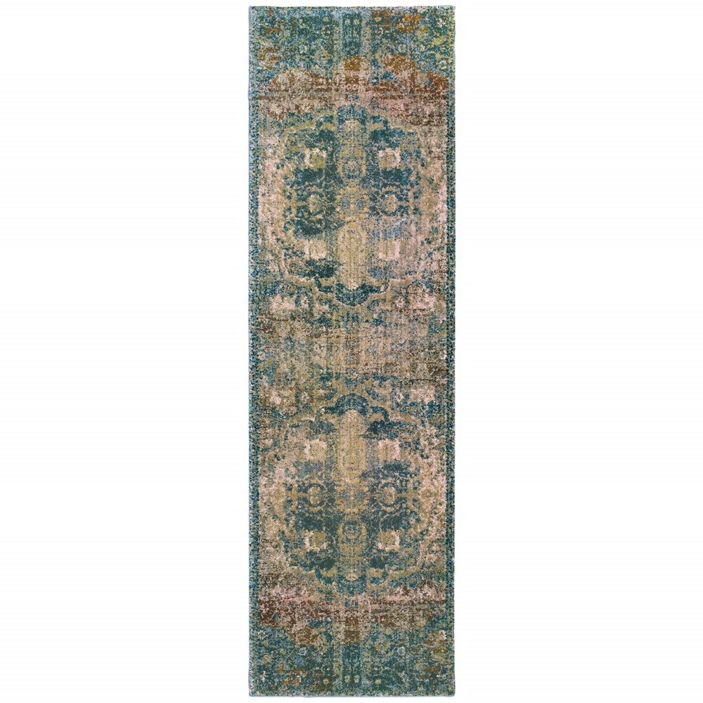 Homeroots 2' X 8' Sand And Blue Distressed Indoor Runner Rug  Polypropylene 388188