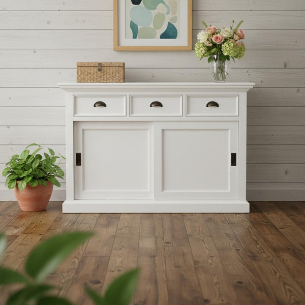 HomeRoots 49" White Buffet Server - Hand-Finished Farmhouse Design with Ample Storage & Classic Charm 388215