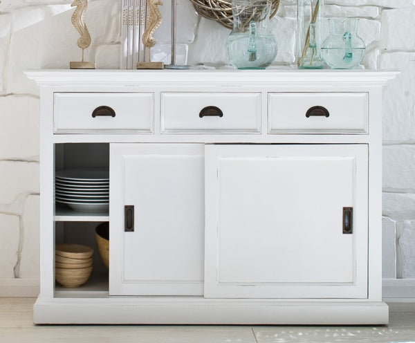 HomeRoots 49" White Buffet Server - Hand-Finished Farmhouse Design with Ample Storage & Classic Charm 388215