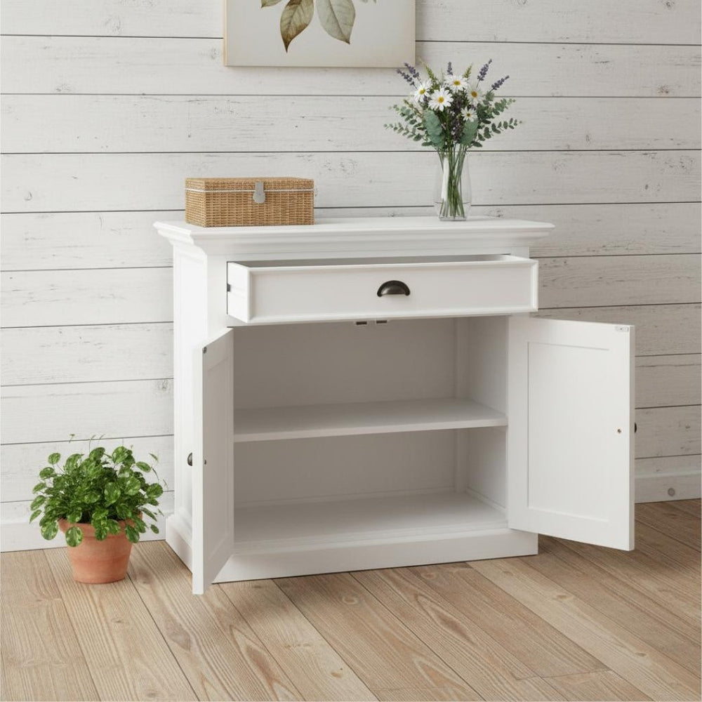 HomeRoots 35" White Two Door Accent Cabinet - Handcrafted Farmhouse Charm with Versatile Storage Solutions 388217