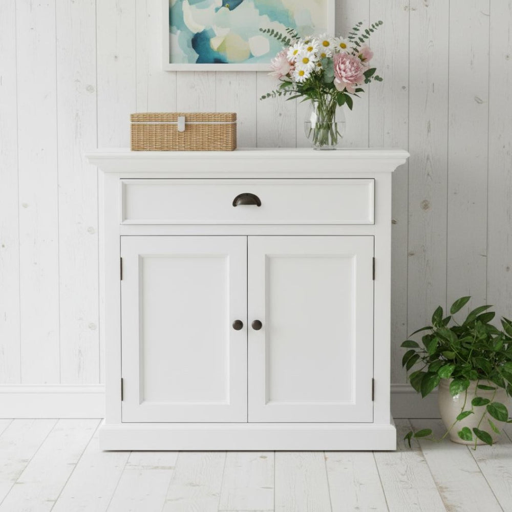 HomeRoots 35" White Two Door Accent Cabinet - Handcrafted Farmhouse Charm with Versatile Storage Solutions 388217