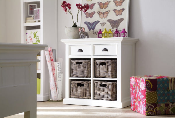 HomeRoots 35" White Accent Cabinet with Distressed Finish, Rattan Baskets & Versatile Storage for Every Room 388218