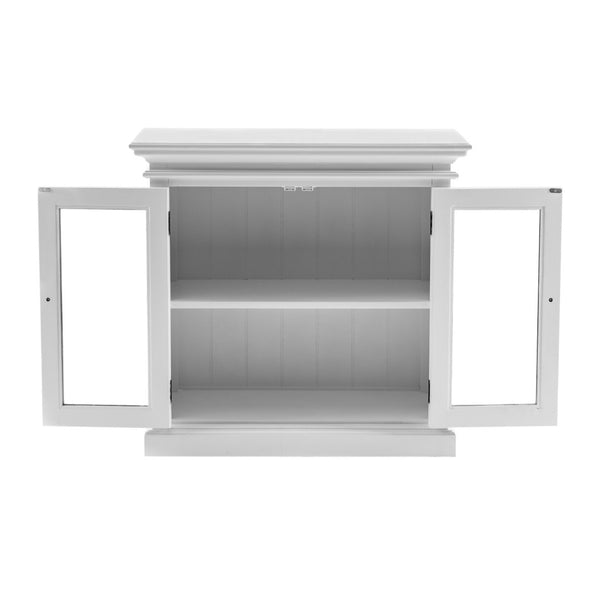 HomeRoots 35" White Wood and Glass Accent Cabinet - Farmhouse Charm with Versatile Storage for Any Room 388219