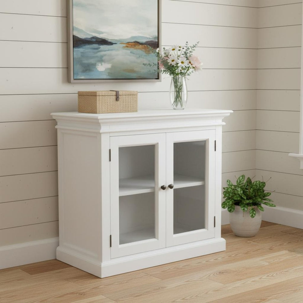 HomeRoots 35" White Wood and Glass Accent Cabinet - Farmhouse Charm with Versatile Storage for Any Room 388219