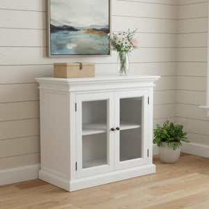 HomeRoots 35" White Wood and Glass Accent Cabinet - Farmhouse Charm with Versatile Storage for Any Room 388219