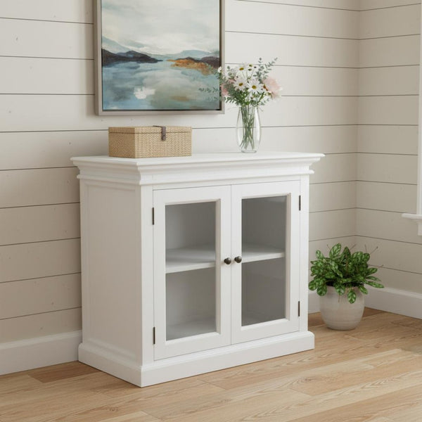 HomeRoots 35" White Wood and Glass Accent Cabinet - Farmhouse Charm with Versatile Storage for Any Room 388219