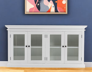 Homeroots 64" White Distressed Solid Wood Sideboard With Four Glass Doors   388220