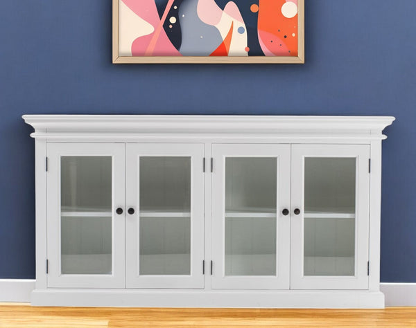 Homeroots 64" White Distressed Solid Wood Sideboard With Four Glass Doors   388220