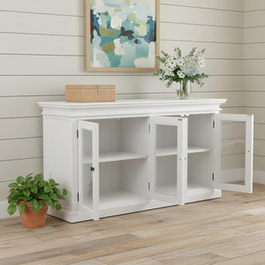 HomeRoots 64" White Distressed Solid Wood Sideboard – Coastal Charm Buffet with Glass Doors & Black Hardware 388220