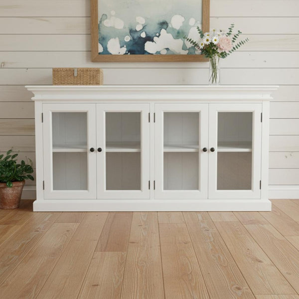HomeRoots 64" White Distressed Solid Wood Sideboard – Coastal Charm Buffet with Glass Doors & Black Hardware 388220