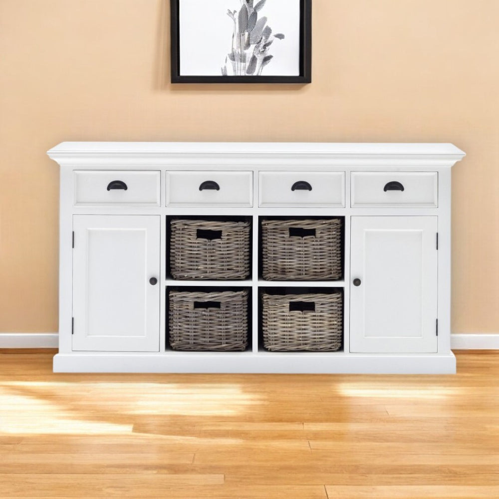 HomeRoots 63" Elegant White Solid Wood Sideboard with 4 Drawers & 2 Doors for Stylish Storage Solutions 388221