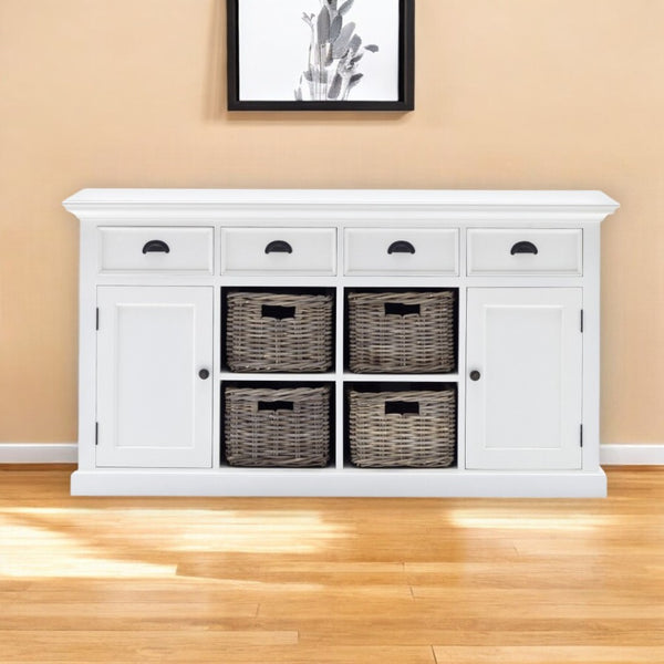 HomeRoots 63" Elegant White Solid Wood Sideboard with 4 Drawers & 2 Doors for Stylish Storage Solutions 388221