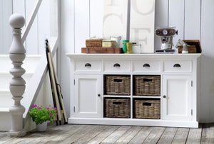 HomeRoots 63" Elegant White Solid Wood Sideboard with 4 Drawers & 2 Doors for Stylish Storage Solutions 388221
