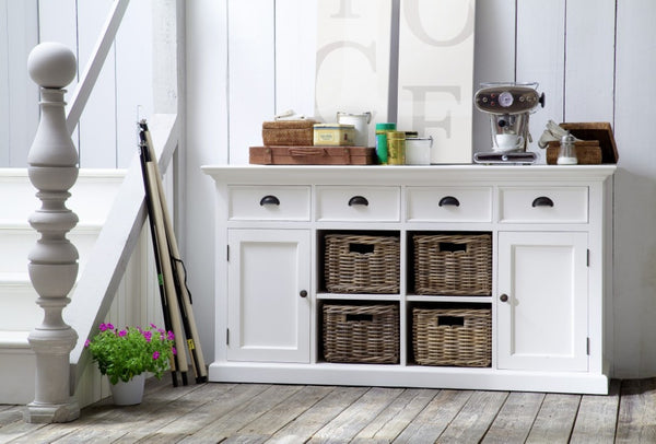 HomeRoots 63" Elegant White Solid Wood Sideboard with 4 Drawers & 2 Doors for Stylish Storage Solutions 388221