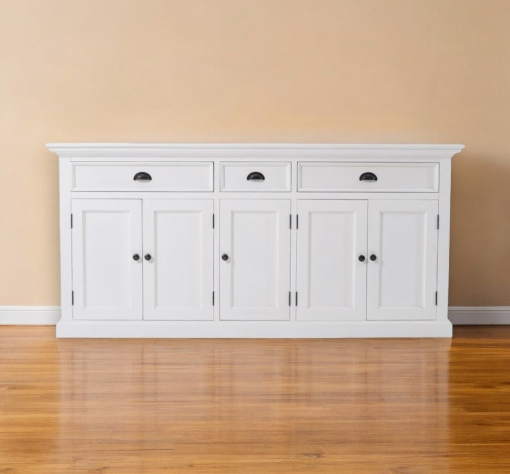HomeRoots 71" Elegant White Solid Wood Sideboard with Three Drawers & Five Doors for Stylish Storage Solutions 388222