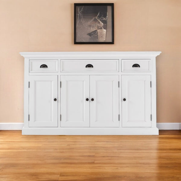HomeRoots 57" Versatile Solid Wood Sideboard - Timeless Storage Solution with Distressed White Finish & Charm 388224