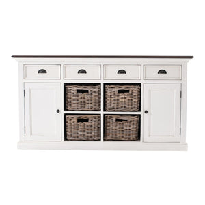 HomeRoots 63" Rustic Brown and White Distressed Solid Wood Sideboard with Baskets for Stylish Storage Solutions 388228