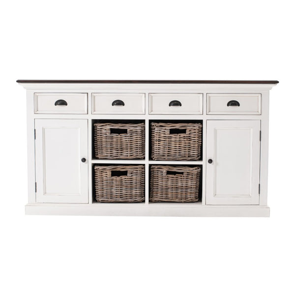 HomeRoots 63" Rustic Brown and White Distressed Solid Wood Sideboard with Baskets for Stylish Storage Solutions 388228