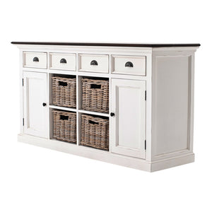 HomeRoots 63" Rustic Brown and White Distressed Solid Wood Sideboard with Baskets for Stylish Storage Solutions 388228