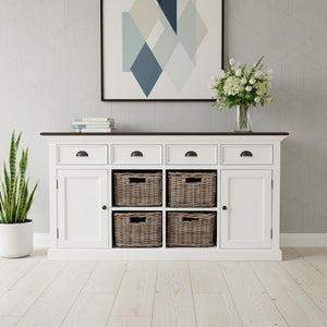 HomeRoots 63" Rustic Brown and White Distressed Solid Wood Sideboard with Baskets for Stylish Storage Solutions 388228