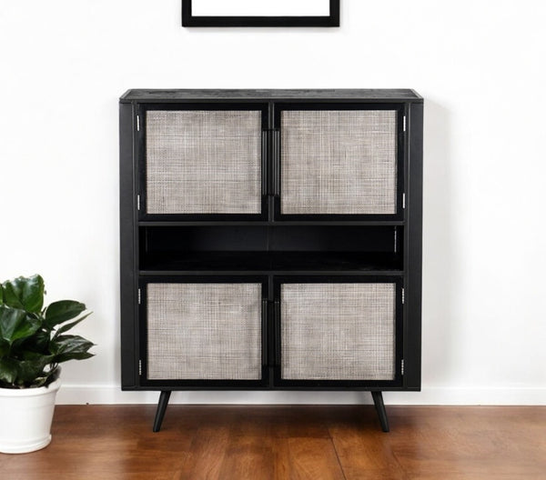 HomeRoots 51" Rustic Black and Natural Wood Rattan Accent Cabinet – Stylish Storage for Living Spaces 388242