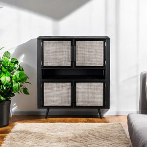Homeroots Modern Rustic Black Rattan Double Decker Accent Cabinet  Manufactured Wood 388242
