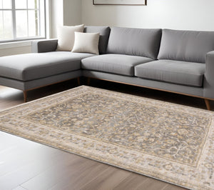 HomeRoots 5' Elegantly Crafted Beige and Grey Machine-Woven Oriental Area Rug for Timeless Indoor Charm 6' X 9' 388296