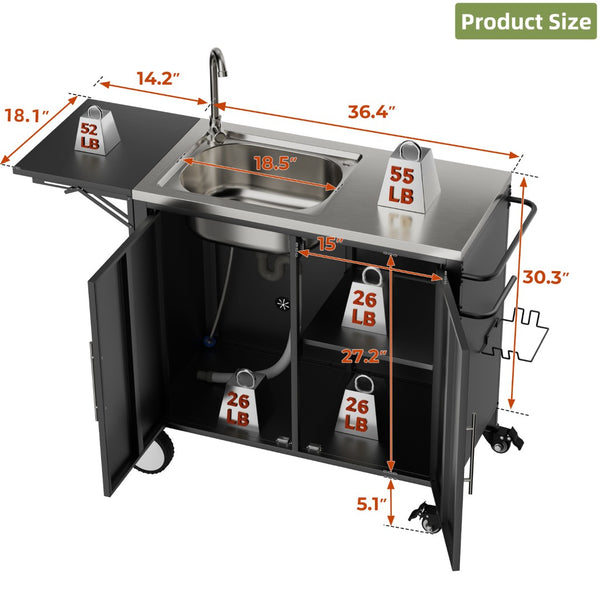 English Elm Outdoor Stainless Steel Grill Cart with Sink Foldable Top and Lockable Wheels W3190P426842