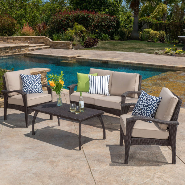 English Elm Christopher Knight Home® - HONOLULU Stylish 4PC PE Wicker Patio Set with Durable Iron Frame, Waterproof Cushions, Compact Lounge Brown+Tan 52917.00IRN