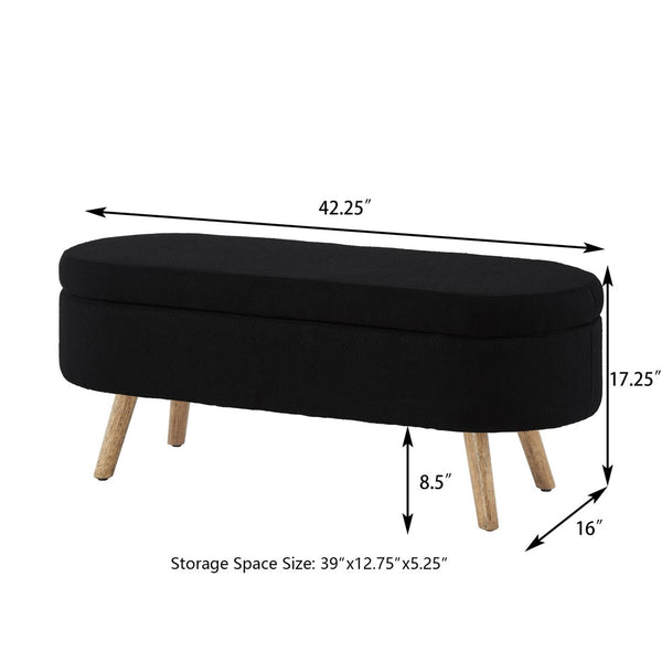 English Elm Luxury Boucle Oval Ottoman Bench with Hidden Storage Rubberwood Legs Entryway Seat Black W2186P430719