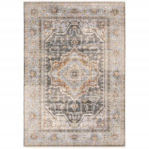 HomeRoots 10' Gray and Blue Medallion Distressed Area Rug - Vintage Charm for Family Rooms and Offices 9'10" x 12'10" 388302