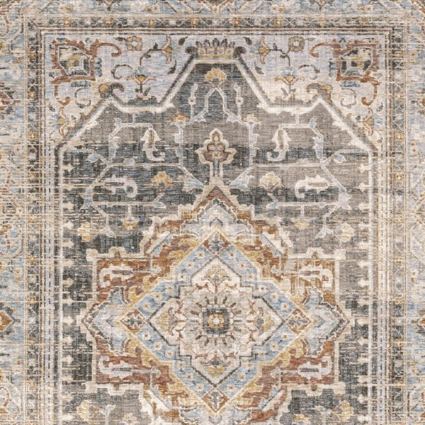 HomeRoots 10' Gray and Blue Medallion Distressed Area Rug - Vintage Charm for Family Rooms and Offices 9'10" x 12'10" 388302