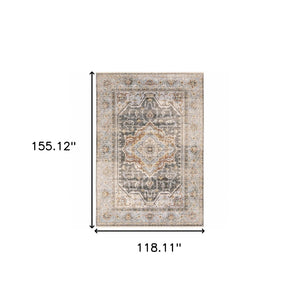 HomeRoots 10' Gray and Blue Medallion Distressed Area Rug - Vintage Charm for Family Rooms and Offices 9'10" x 12'10" 388302