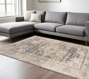 HomeRoots 10' Gray and Blue Medallion Distressed Area Rug - Vintage Charm for Family Rooms and Offices 9'10" x 12'10" 388302