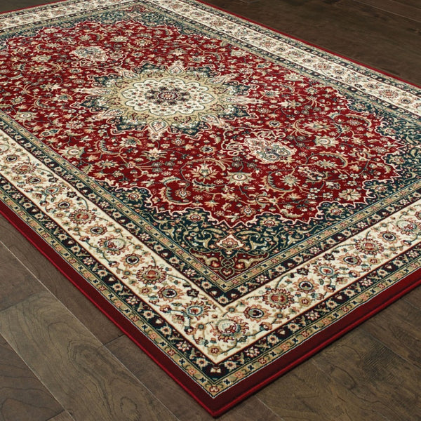HomeRoots 4' Red and Ivory Floral Medallion Area Rug - Timeless Elegance, Durable, Stain Resistant, Easy Care 3' X 6' 388312