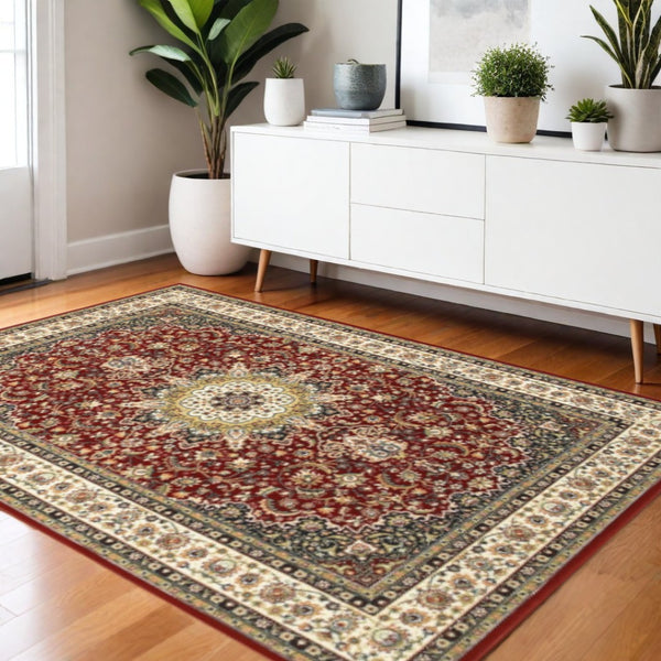 HomeRoots 4' Red and Ivory Floral Medallion Area Rug - Timeless Elegance, Durable, Stain Resistant, Easy Care 3' X 6' 388312