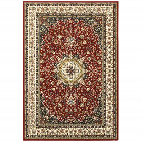 HomeRoots 5' Elegant Red and Ivory Floral Medallion Area Rug - Durable, Stain-Resistant Design for Any Room 5' X 8' 388313